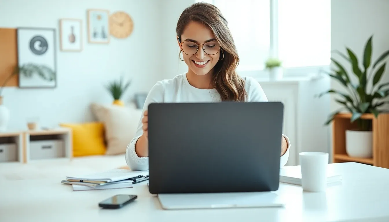 Woman using smartphone and laptop to plan room ideas with DecorAI